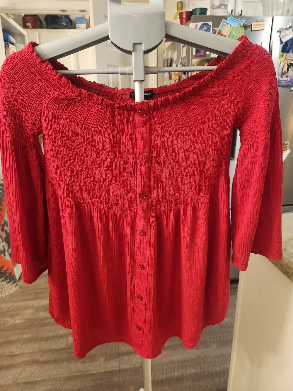 Ambiance Red Off-Shoulder Button-Front Women's Top